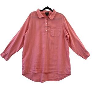 Jones New York Pink Lagenlook 100% Linen Long Sleeve Roll Tab Tunic Top Size 1X